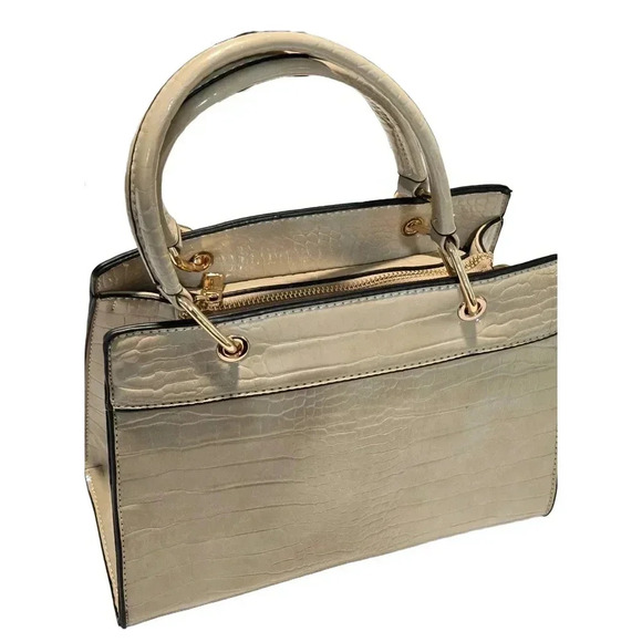 Beige Croc-Embossed Structured Handbag - Picture 1 of 12